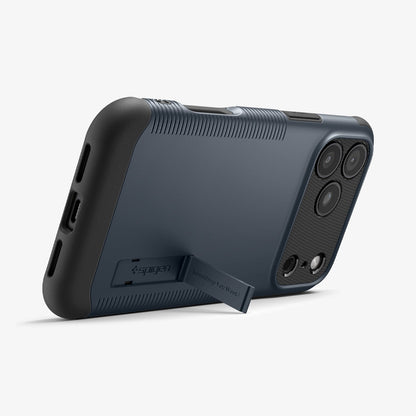 ACS09602 - iPhone 17 Pro Max Slim Armor (MagFit) in Metal Slate showing the back, partial side and bottom, propped up with a built-in kickstand