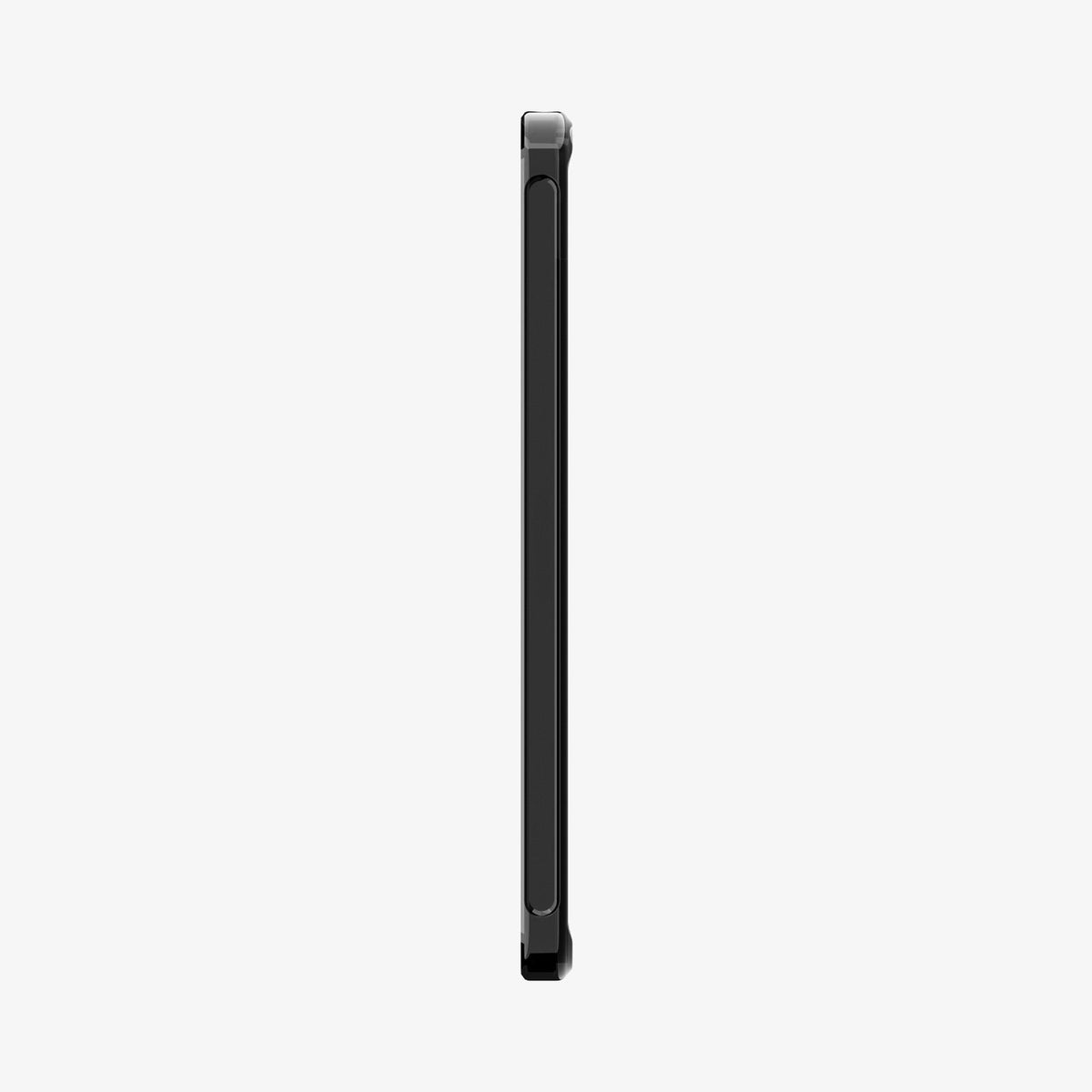 ACS11624 - Side profile of the frost black Spigen Ultra Hybrid case on an iPad Mini, showing the slim edge and volume button cutouts