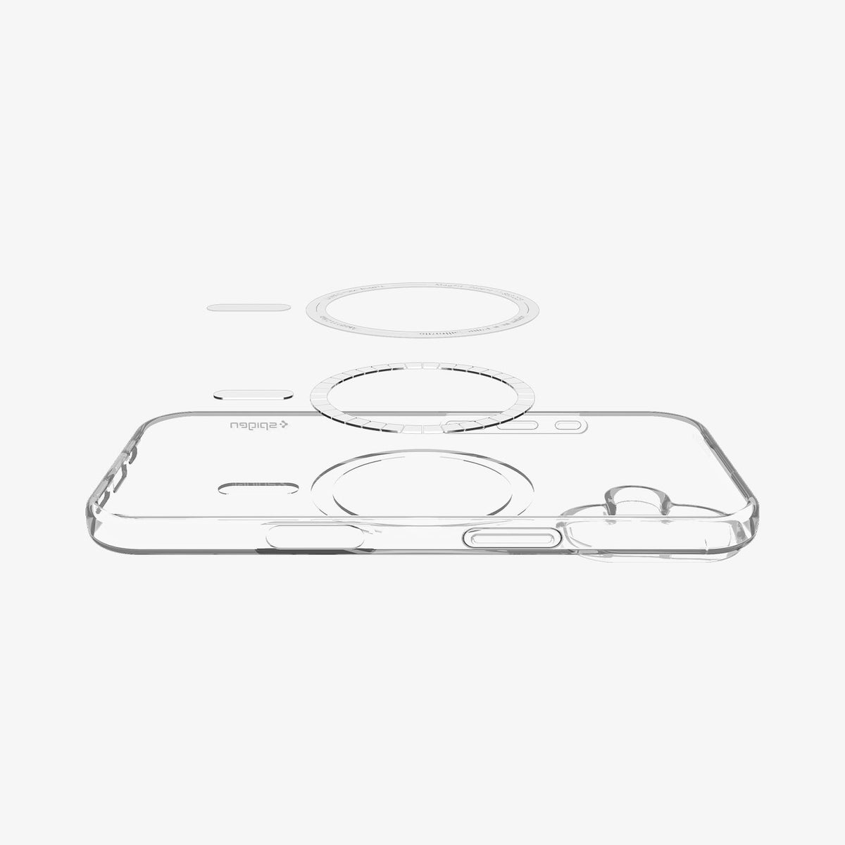 ACS09648 - iPhone 17 Crystal Flex (MagFit) in Clear White showing the front of soft inner layer hovering above the magsafe magnet plate and the case