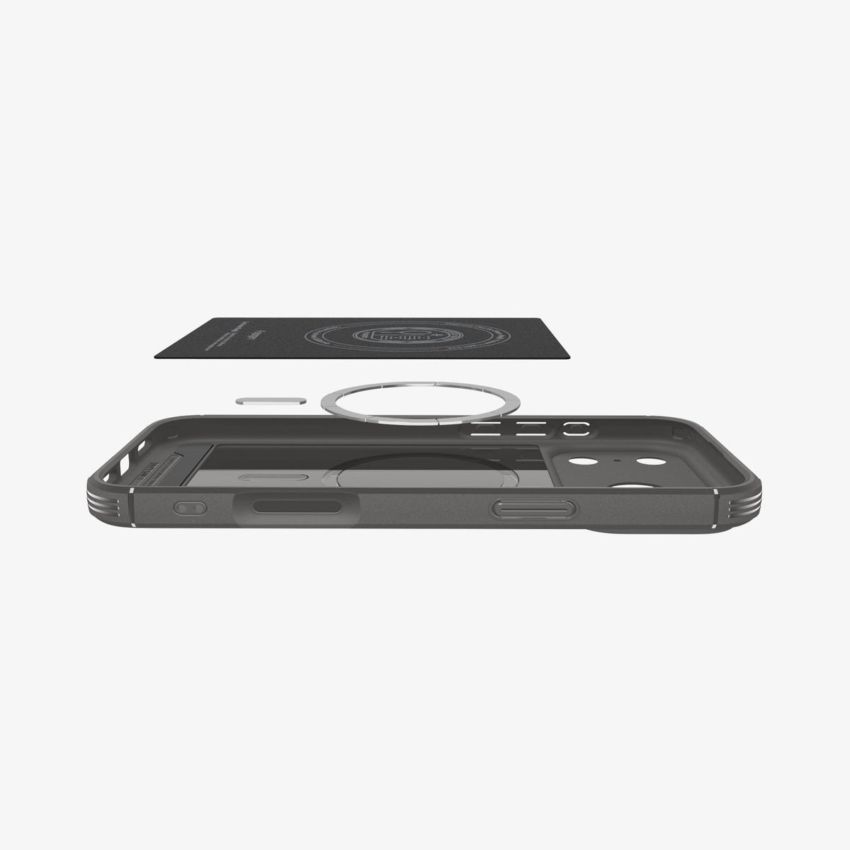 ACS09682 - iPhone 17 Pro Core Armor (MagFit) in Marble Gray showing the back cover hovering above detached metal ring plate and the back of the case