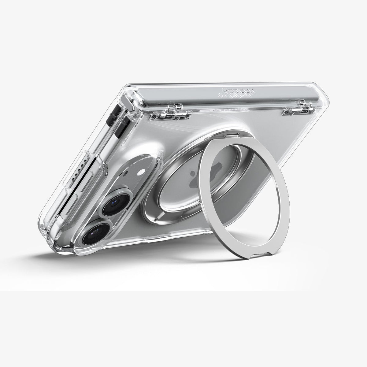 ACS11782 - iPhone Duo Ultra Hybrid Pro S (Mag Fit) showing the built-in circular kickstand supporting the device in landscape mode