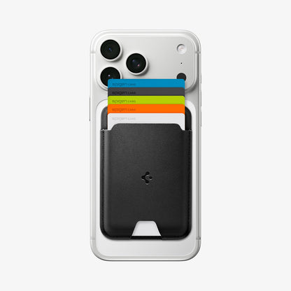 AFA11337 - Spigen Valentinus MagFit Wallet attached to iPhone holding five cards front view