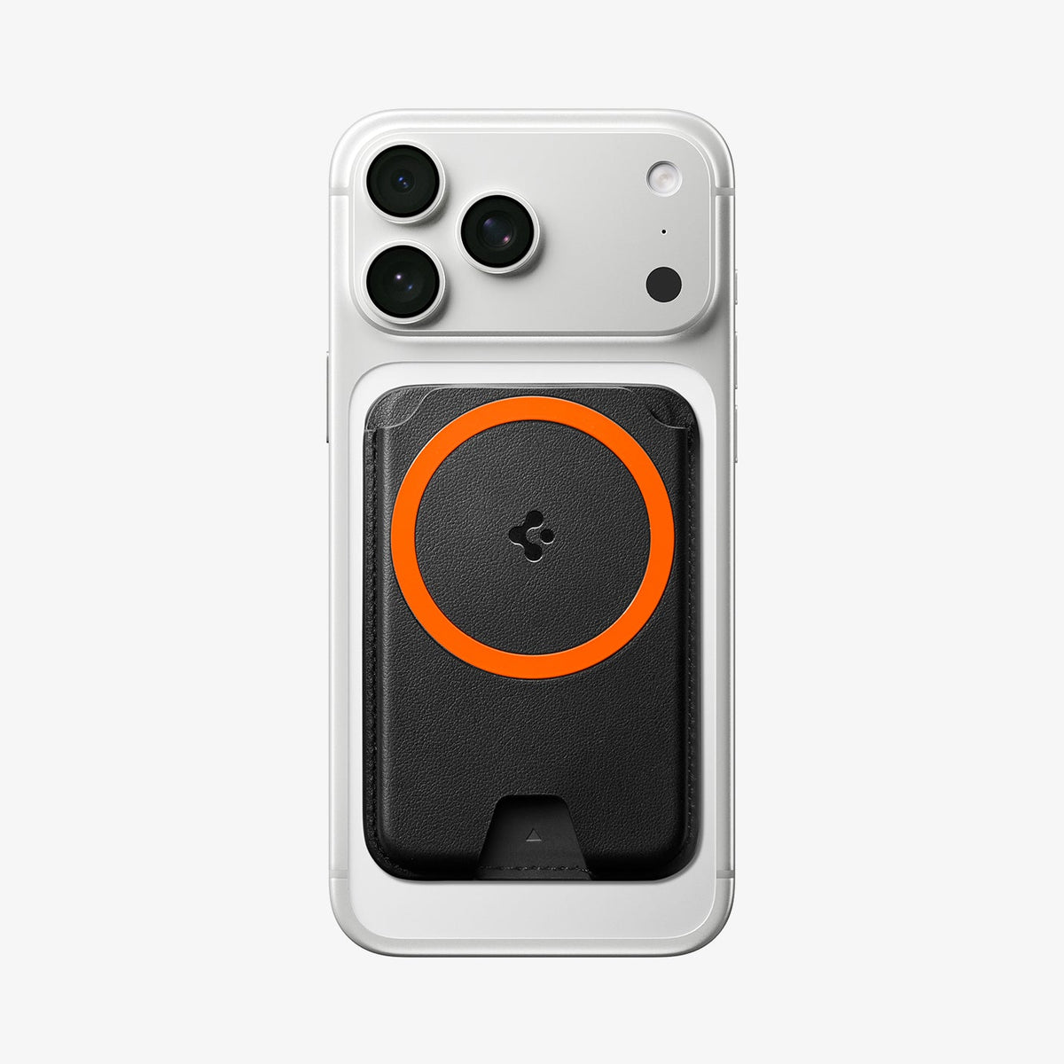 AFA11336 - Spigen Valentinus MagFit Plus Wallet attached to iPhone with orange MagSafe ring