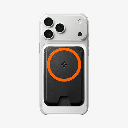 AFA11336 - Spigen Valentinus MagFit Plus Wallet attached to iPhone with orange MagSafe ring
