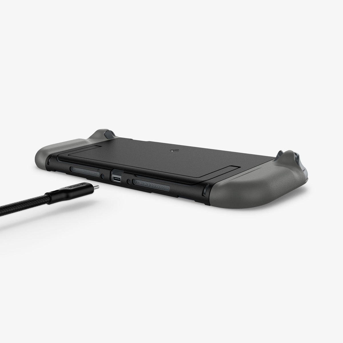 ACS10206 - Nintendo Switch 2 Case Nano Pop in Black Sesame showing the partial back, bottom and side with charging cable ready to plug in