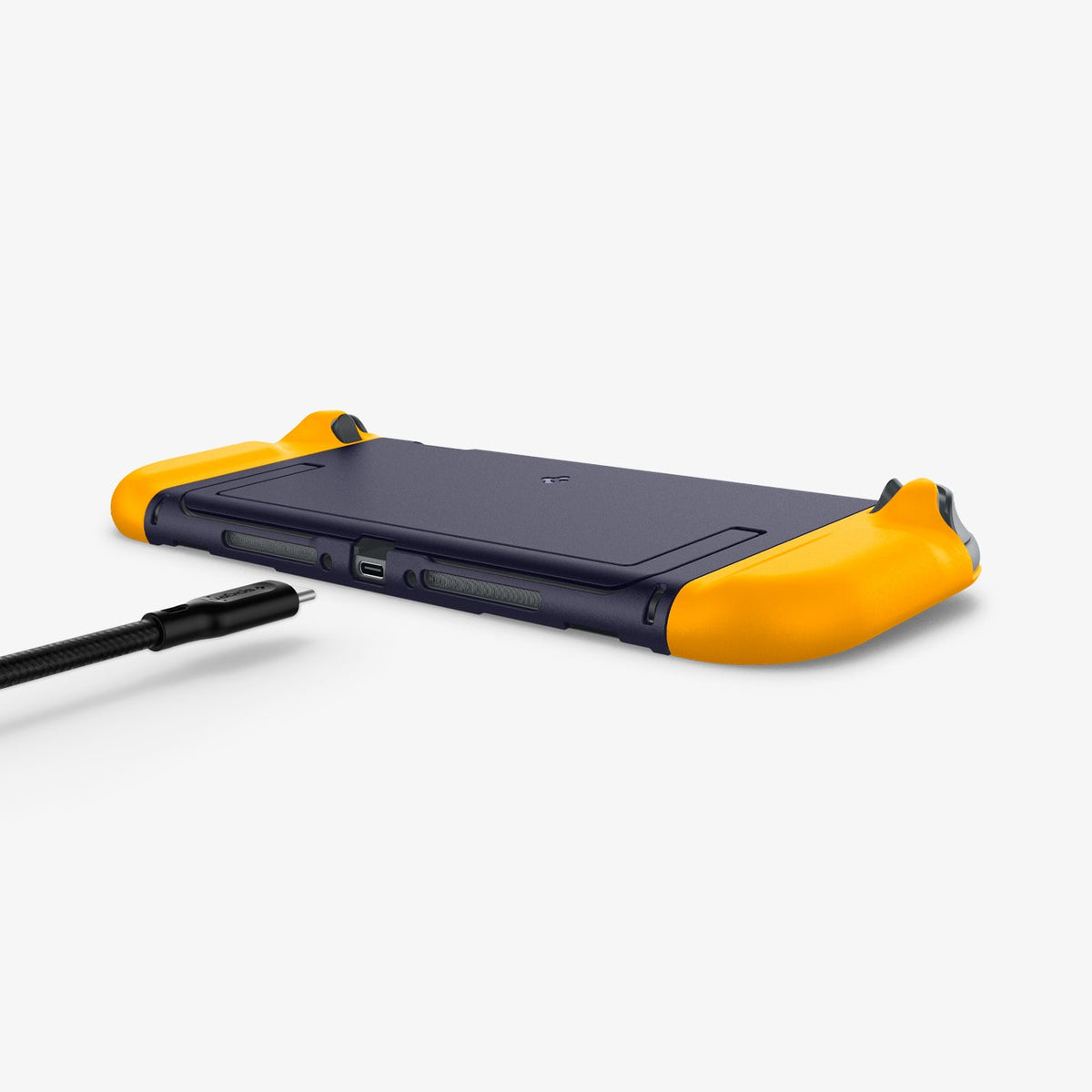 ACS10205 - Nintendo Switch 2 Case Nano Pop in Blueberry Navy showing the partial back, bottom and side with charging cable ready to plug in