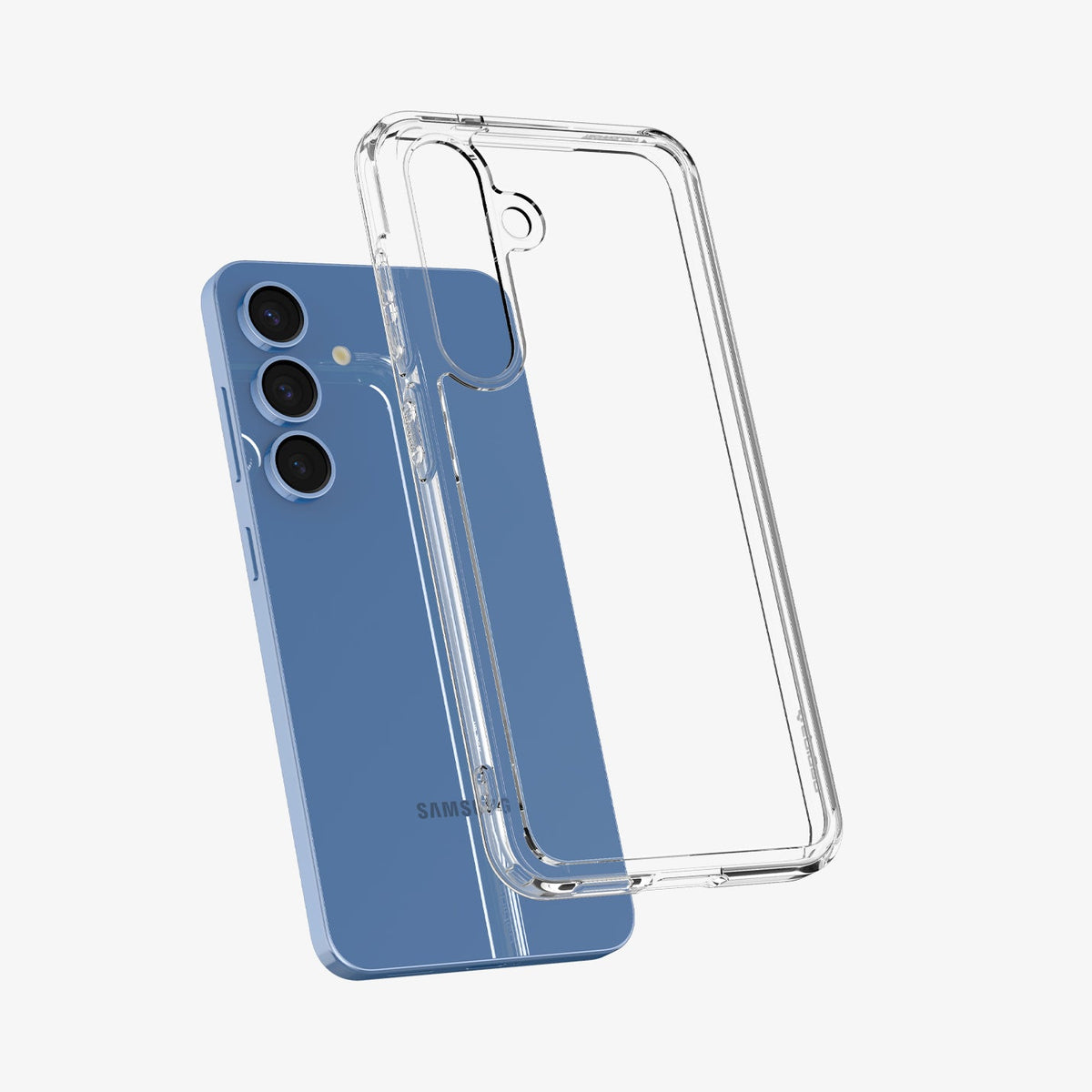 ACS09006 - Galaxy S25 Case Ultra Hybrid in Crystal Clear showing the back, partial side and bottom hovering in front of the device