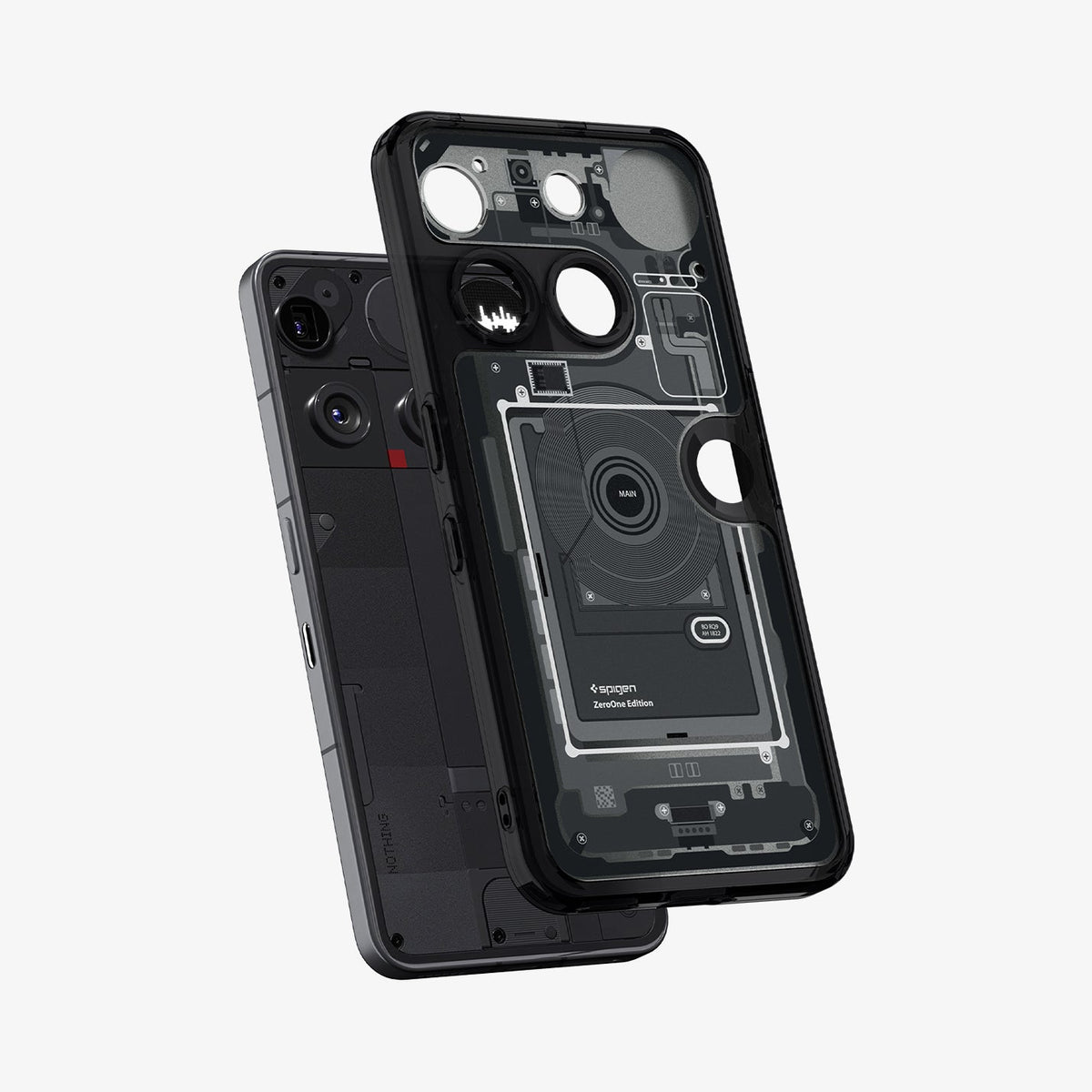 ACS08568 - Nothing Phone 3 Ultra Hybrid Zero One showing the back and partial side hovering infront of the device
