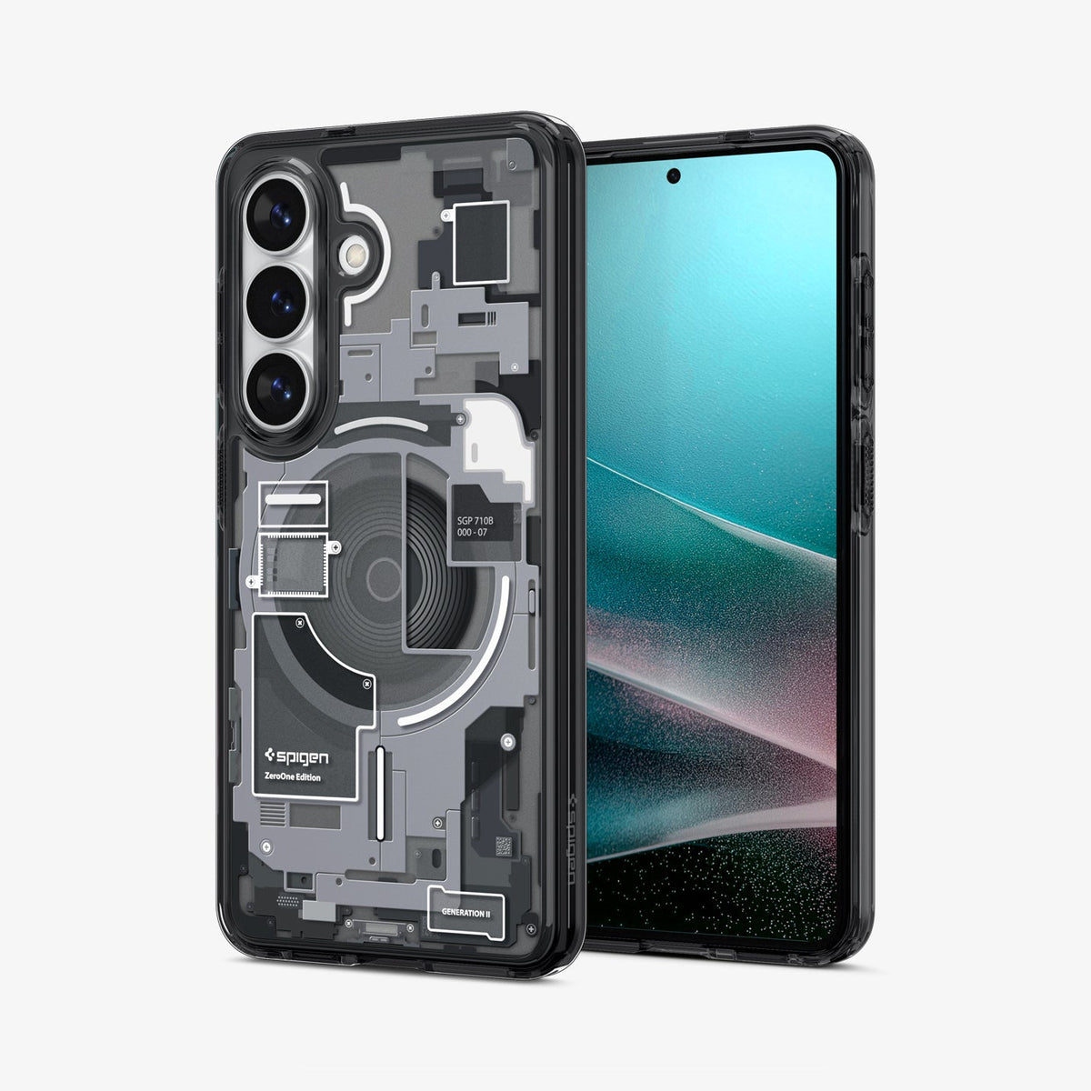 ACS10971 - Galaxy S26 Case Ultra Hybrid Zero One (Mag Fit) Black showing the back with the device, partial back case only, partial front and sides