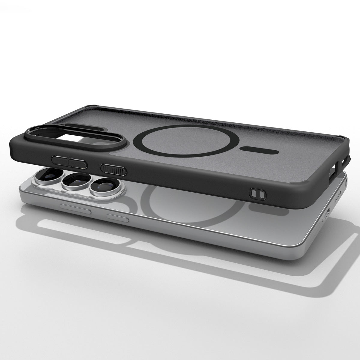 ACS10960 - Galaxy S26 Ultra Case Ultra Hybrid (Mag Fit) Frost Black showing top view of phone and case showcase on top side by side