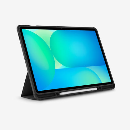 ACS09446 - Galaxy Tab S10 FE+ Case Ultra Hybrid Pro in Black showing the front, partial side and bottom with s pen attached, while front cover serve as a stand