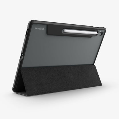 ACS09446 - Galaxy Tab S10 FE+ Case Ultra Hybrid Pro in Black showing the back and partial top and side with front cover converted into stand and S pen attached at the back