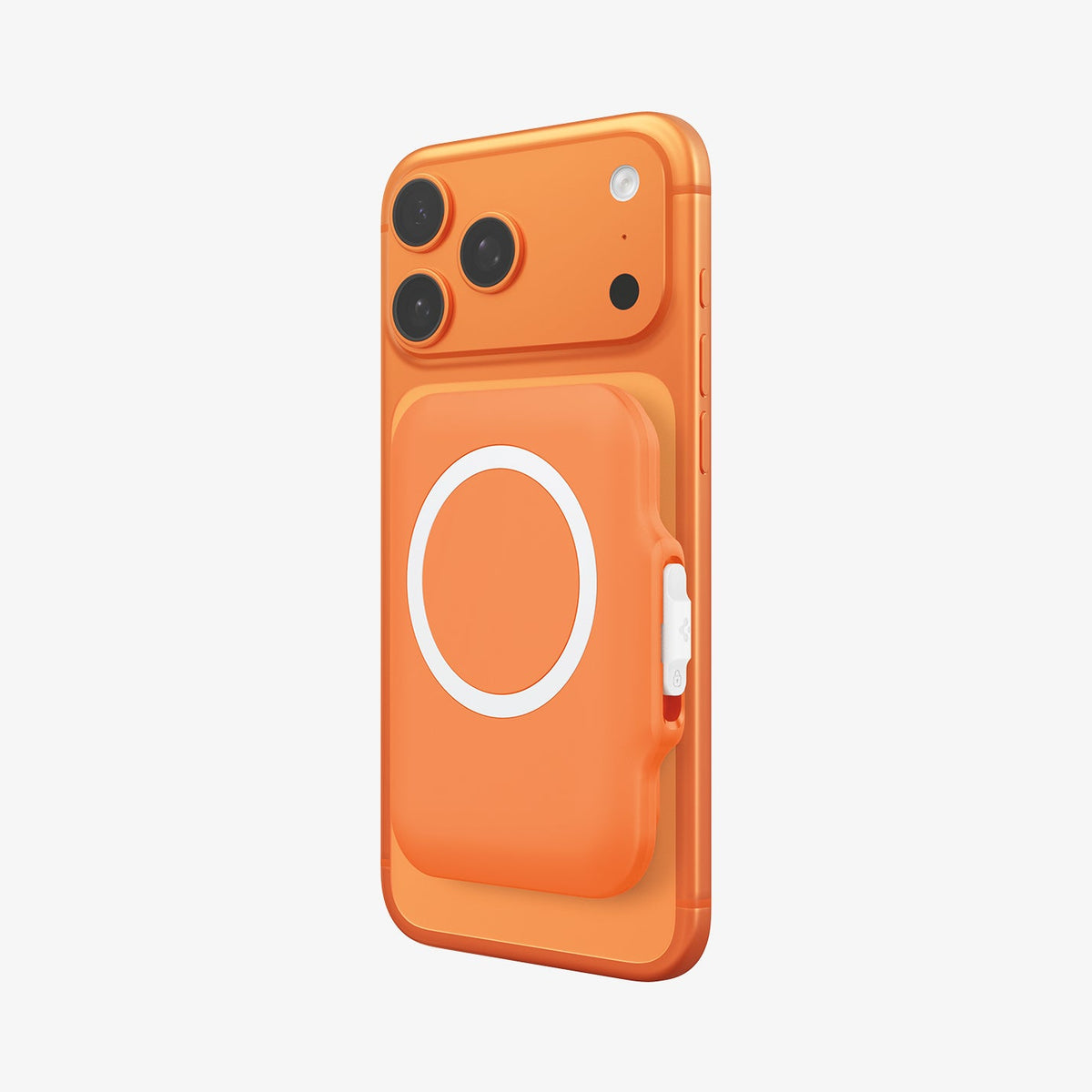 AFA11380 - MagSafe Card Holder Tintap (MagFit) in Orange showing the back, partial side attached to the device