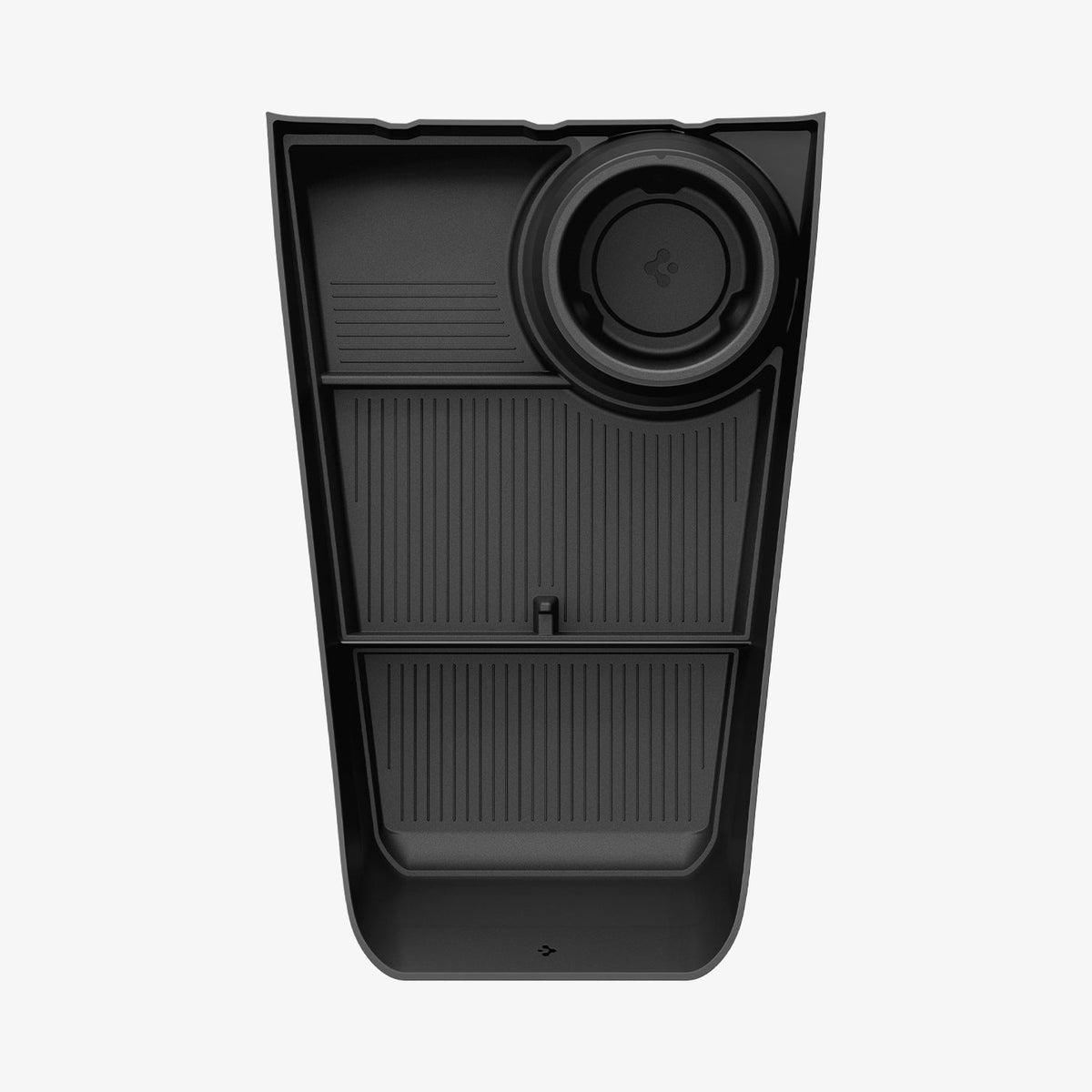 ACP11169 - Tesla Series - Center Console Organizer Lower Tray | TO220LYS in Black showing top-down layout with multiple compartments, textured non-slip surfaces, and integrated cup holder for organized storage