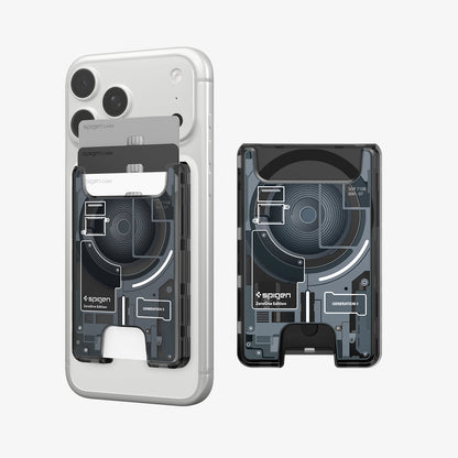 AFA11304 - Ultra Hybrid MagFit card wallet transparent black showing front view with cards inserted and detached wallet highlighting internal circuit inspired design and rear finger cutout