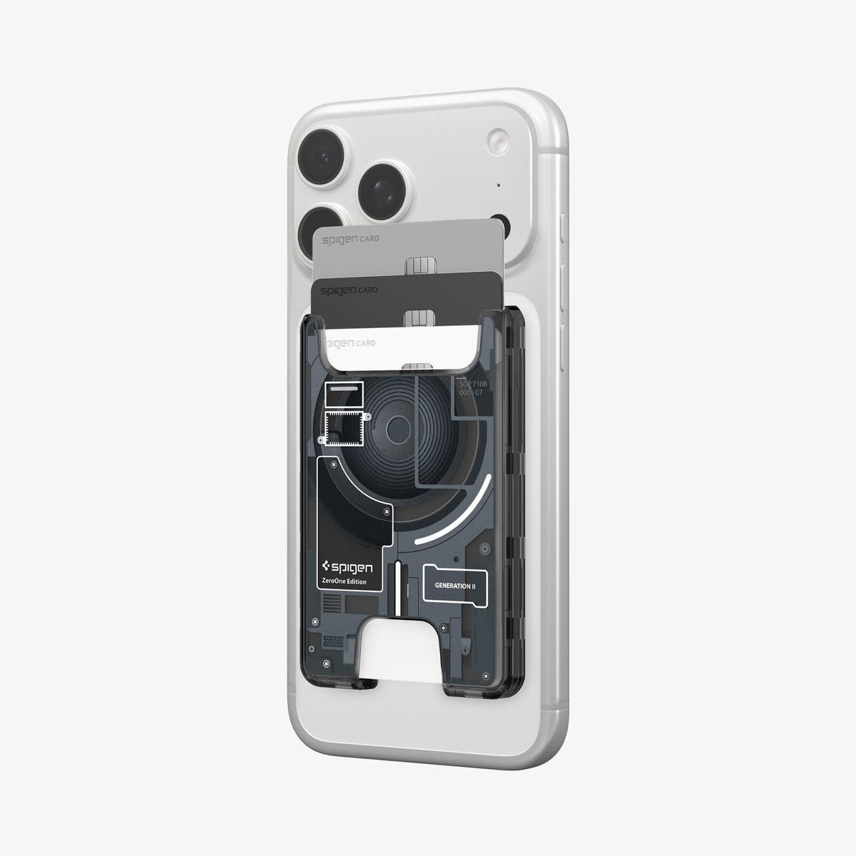 AFA11304 - Ultra Hybrid MagFit card wallet transparent black attached to iPhone showing three cards partially inserted with visible circuit inspired internal design and slim profile