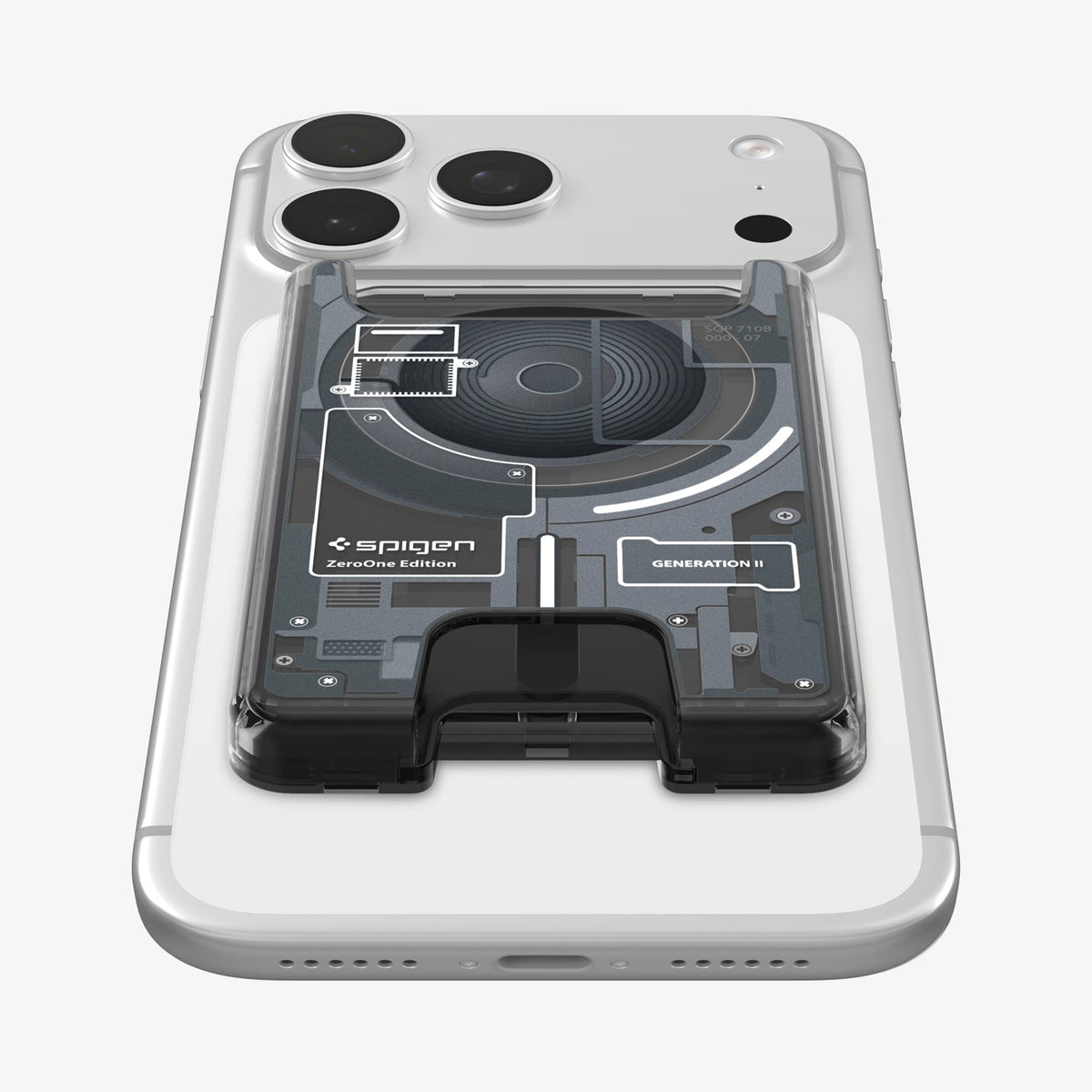 AFA11304 - Ultra Hybrid MagFit card wallet transparent black mounted on iPhone back view showing centered MagSafe alignment precise cutout and exposed Zero One internal circuit design