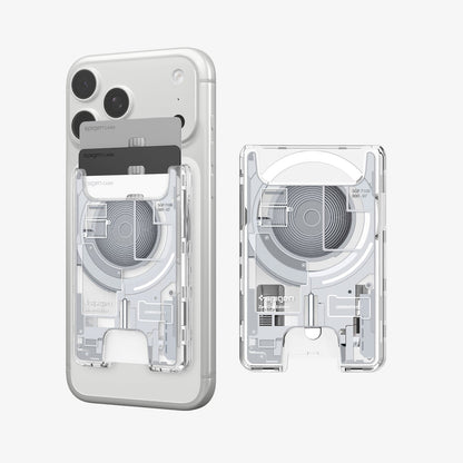 AFA11305 - Ultra Hybrid MagFit card wallet transparent white showing front view with cards inserted and detached wallet highlighting internal circuit inspired design and rear finger cutout