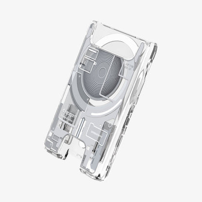 AFA11305 - Ultra Hybrid MagFit card wallet transparent white angled view showcasing Zero One Edition internal circuitry design and slim profile
