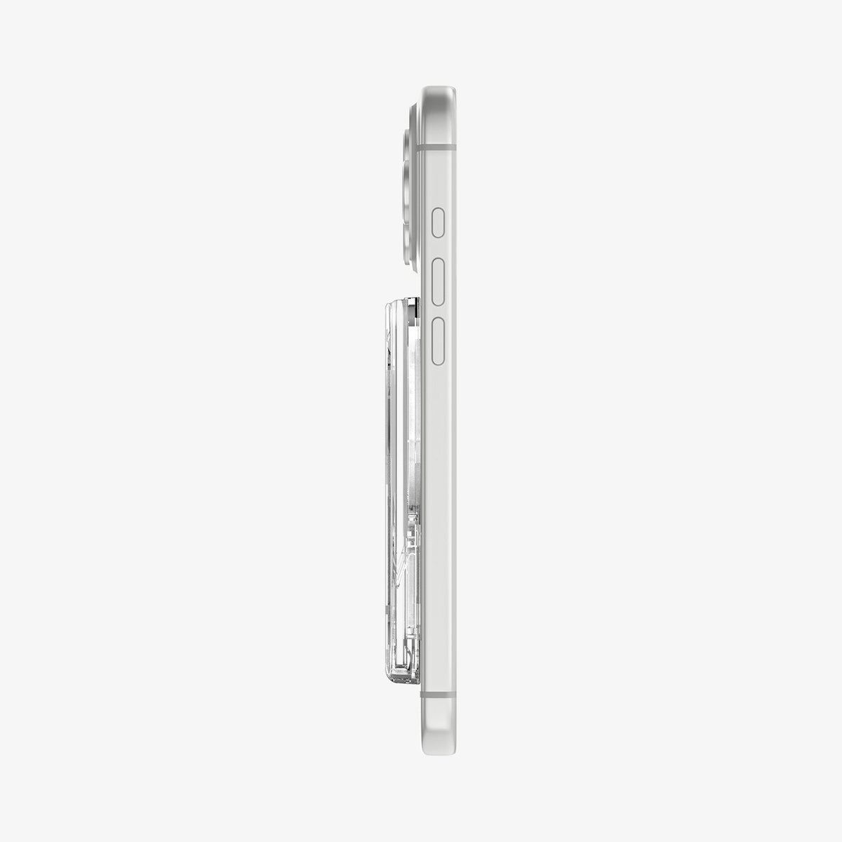 AFA11305 - Ultra Hybrid MagFit card wallet transparent white side profile showing slim thickness attached to iPhone with minimal protrusion