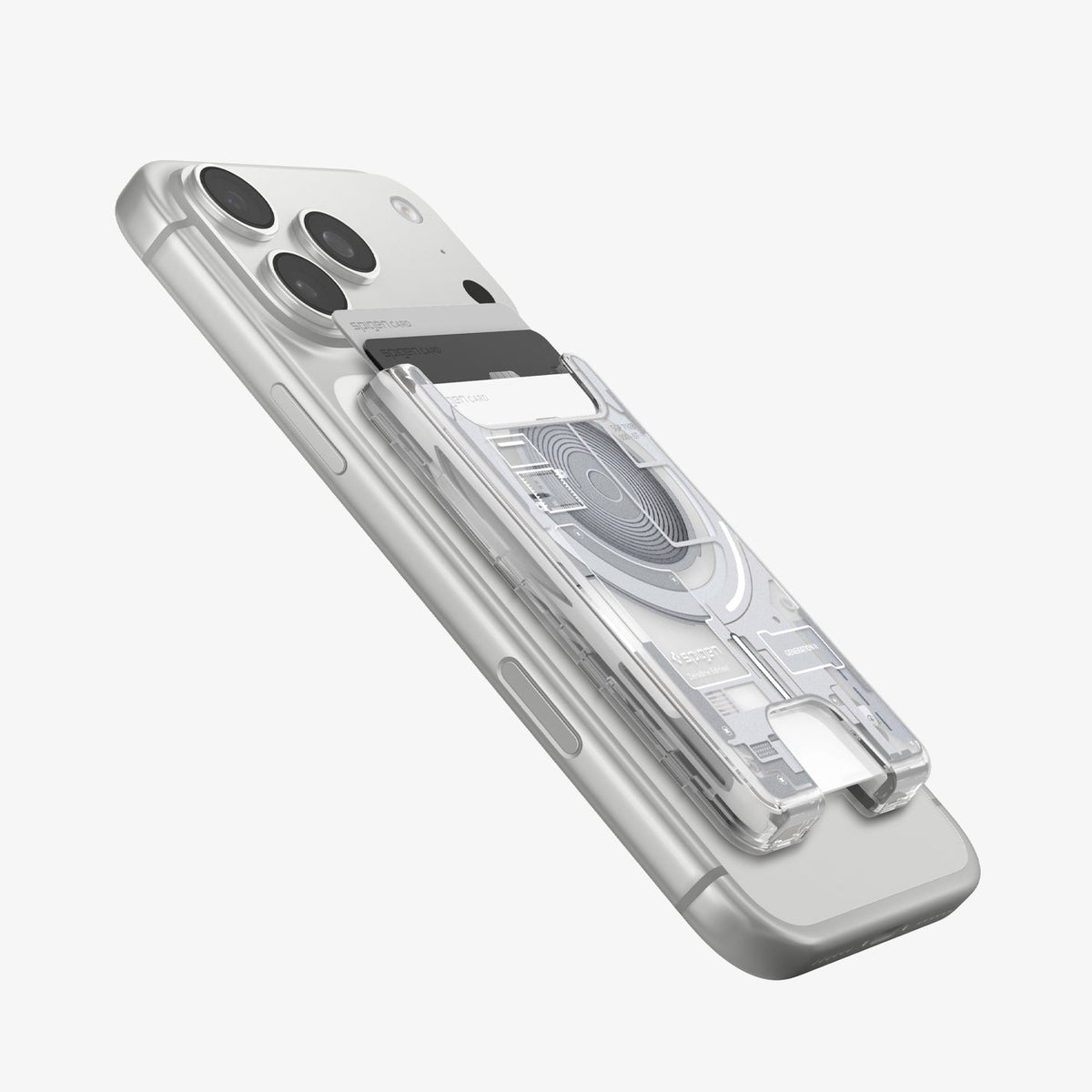 AFA11305 - Ultra Hybrid MagFit card wallet transparent white attached to iPhone at angled side view showing slim profile raised card slot and visible circuit inspired internal design