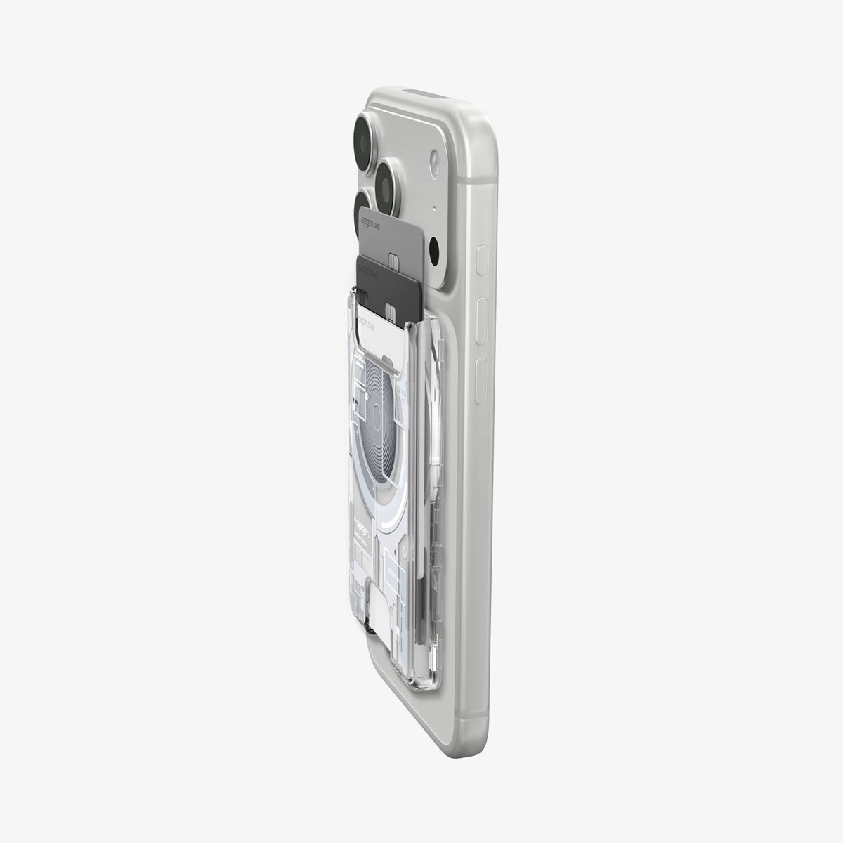 AFA11305 - Ultra Hybrid MagFit card wallet transparent white side profile on iPhone showing slim thickness layered card storage and raised MagFit wallet structure