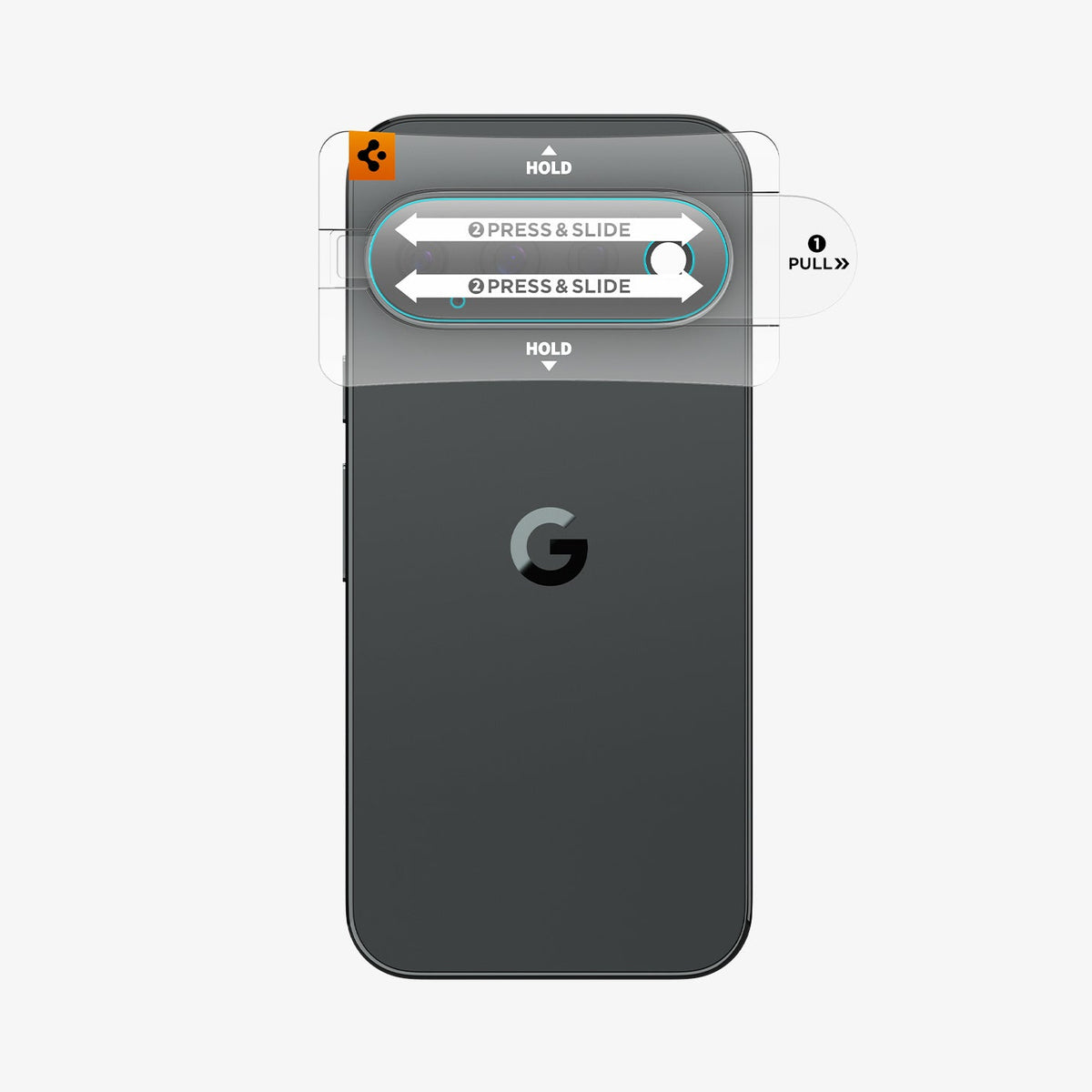 AGL11484 - Pixel 11 Pro Optik EZ Fit Lens Protector alignment tray placed over the camera area for guided lens protector installation.