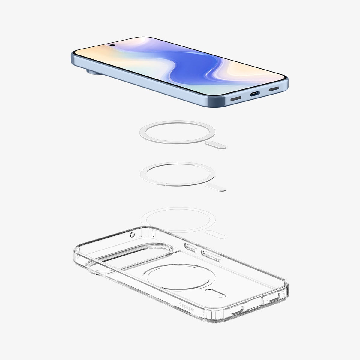 ACS09717 - Pixel 10 Pixel 10 Pro Crystal Flex (MagFit) showing the multiple layers of case hovering below device