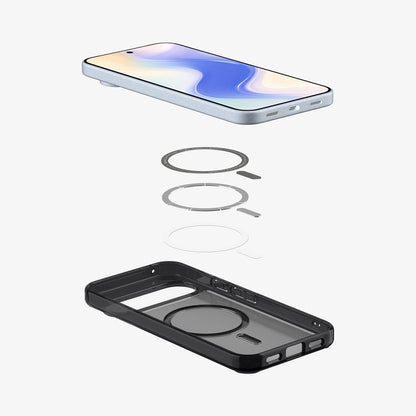ACS09703 - Pixel 10 / Pixel 10 Pro Case Ultra Hybrid Metal Ring (MagFit) in frost black showing the multiple layers of case hovering below the device