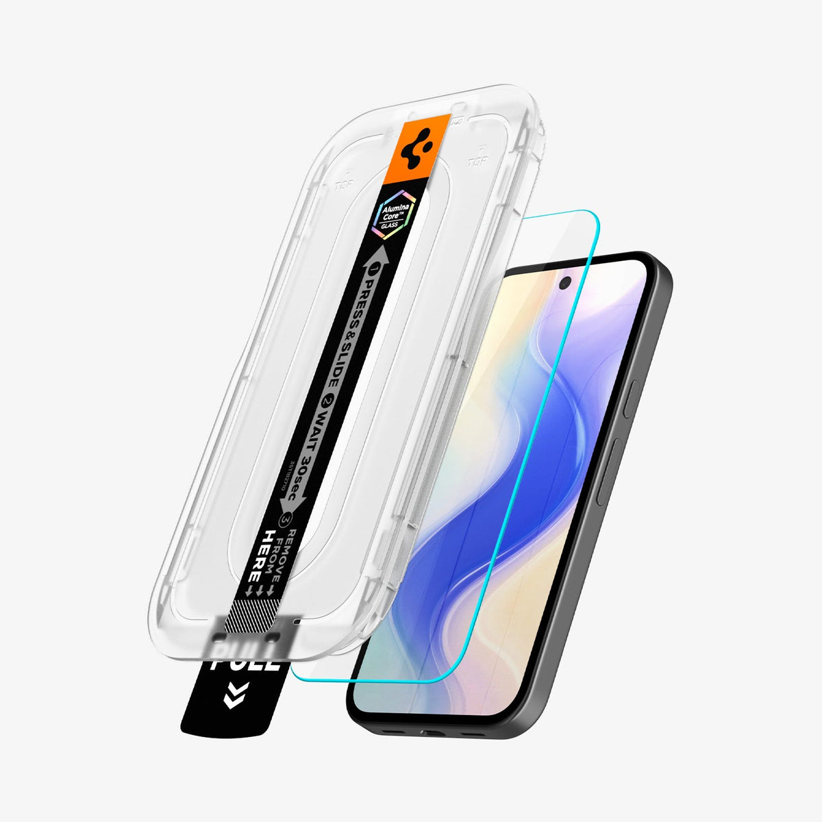AGL11364 - Pixel 10a GLAS.tR EZ Fit Pro showing the device with screen protector and ez fit tray hovering in front