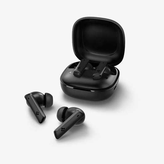 ASD07888 - Spigen True Wireless Earbuds SA2402 in Black showing the front and partial bottom with 2 buds inside and 2 on the outside