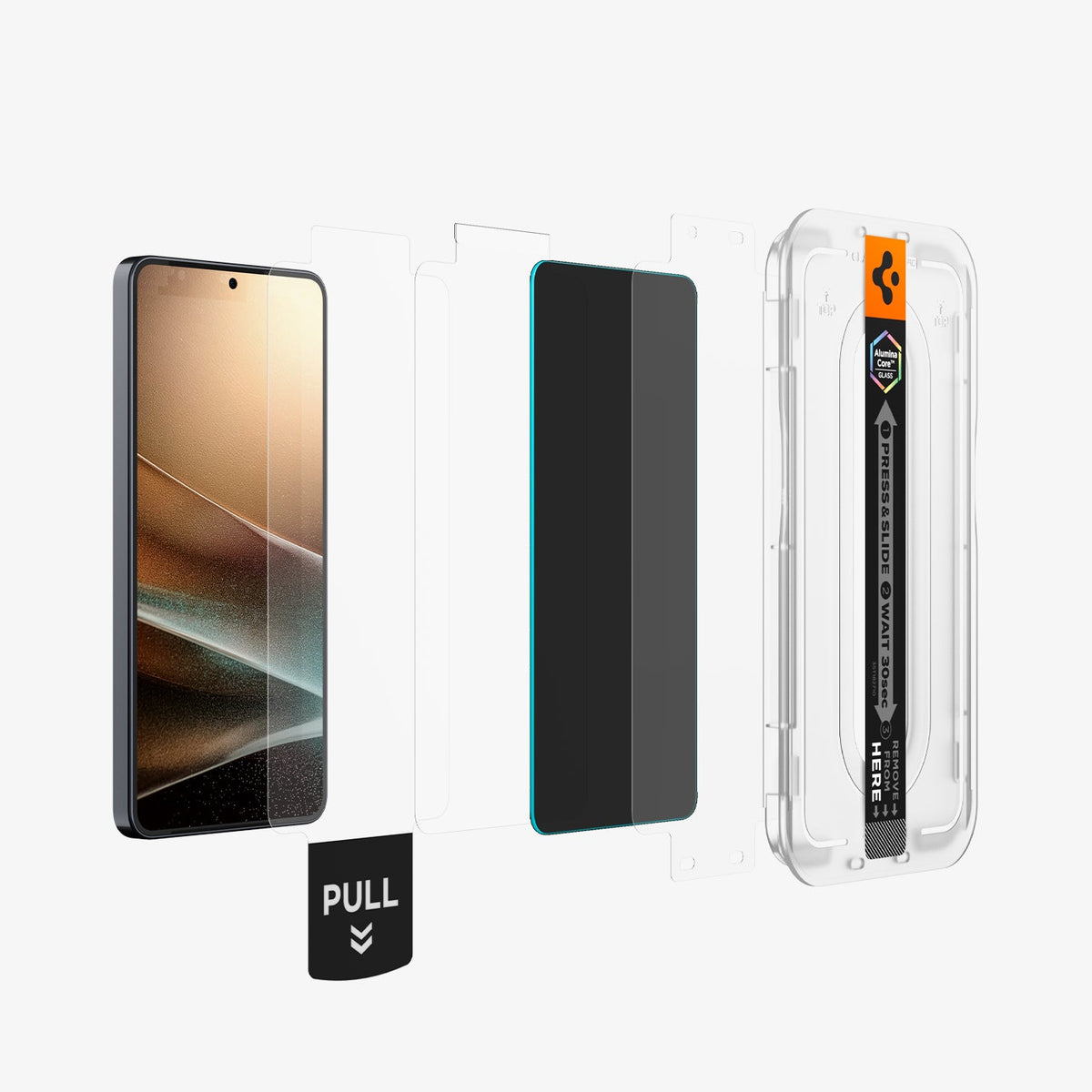 AGL11081 - Galaxy S26 Plus GLAS.tR EZ Fit Pro | Privacy showing the installation tray hovering in front of a screen film screen, screen protector and the device