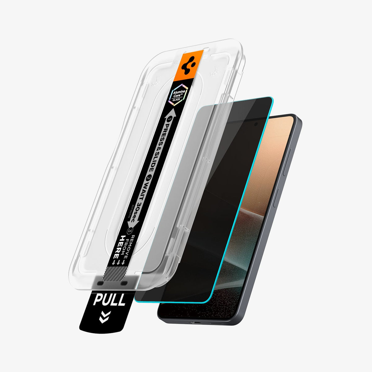 AGL11081 - Galaxy S26 Plus GLAS.tR EZ Fit Pro | Privacy showing the installation tray partially hovering above the screen protector and the device