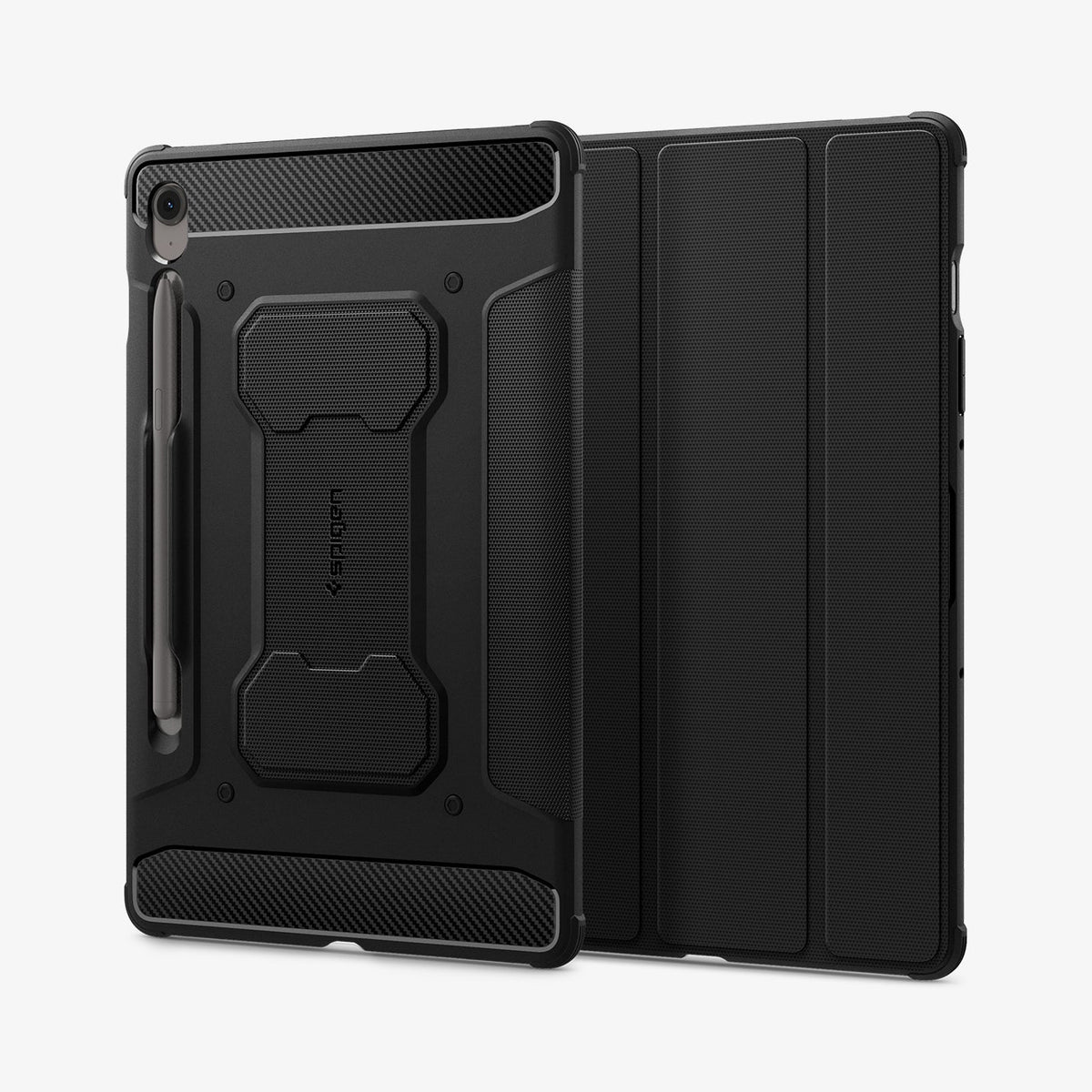 ACS09381 - Galaxy Tab S10 FE+ Case Rugged Armor Pro in Matte Black showing the back and partial front