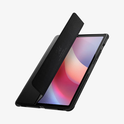 ACS09381 - Galaxy Tab S10 FE+ Case Rugged Armor Pro in Matte Black showing the partial front and side with front cover partially lifted