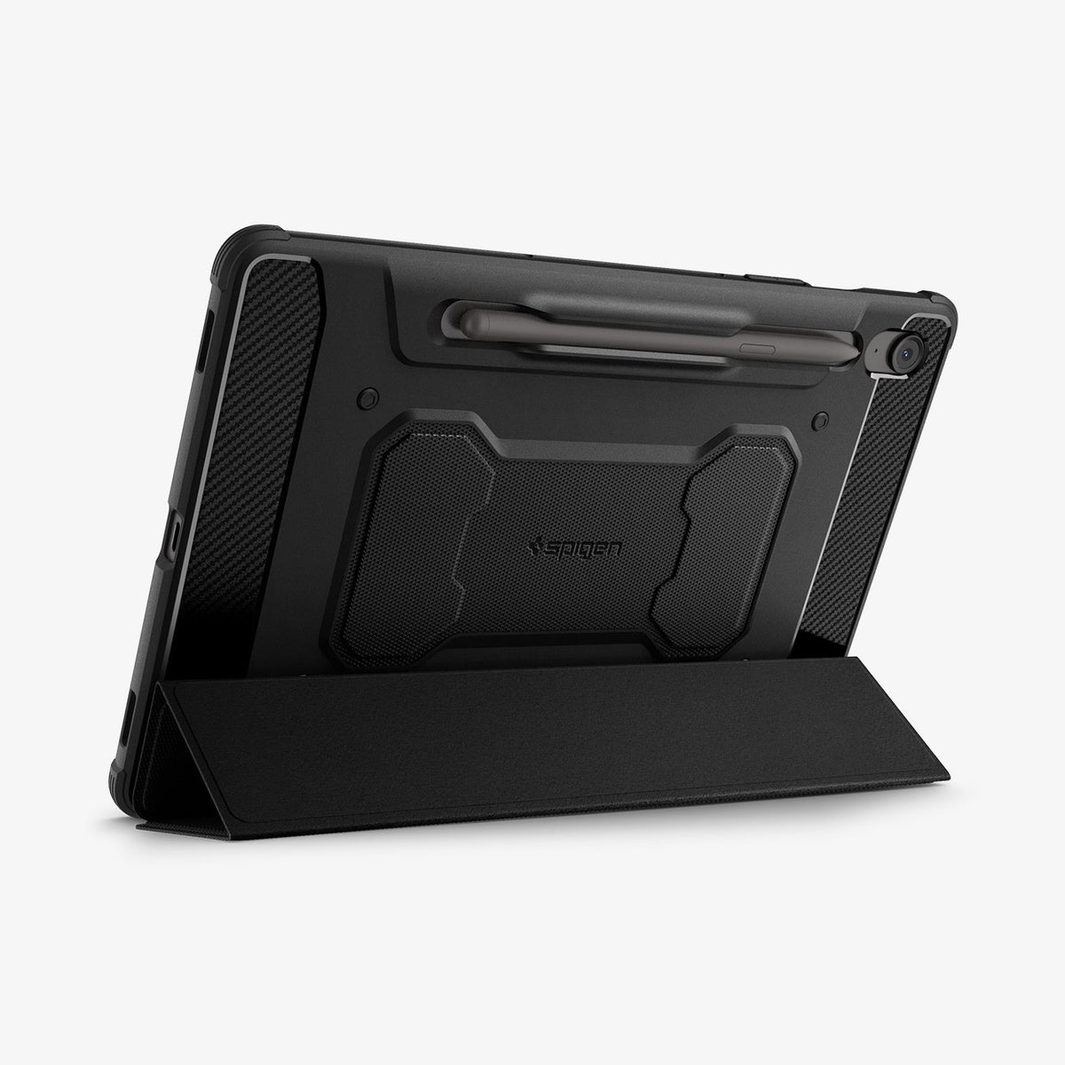 ACS09381 - Galaxy Tab S10 FE+ Case Rugged Armor Pro in Matte Black showing the back, partial side with front cover converted into a stand