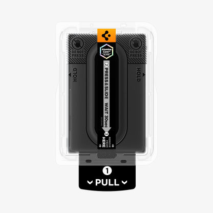AGL11759 - Galaxy Z Fold 8 GLAS.tR EZ Fit Pro showing a top-down view of the installation tray with "DO NOT PRESS," "HOLD," and "PULL" markings.