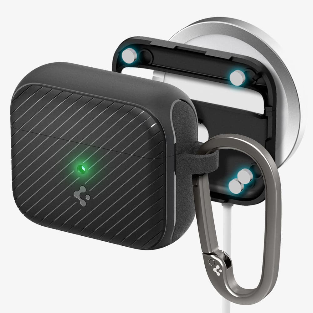 ACS03644 - Airpods 3 Mag Armor in black showing front, inside with magnets, and magsafe charging stand