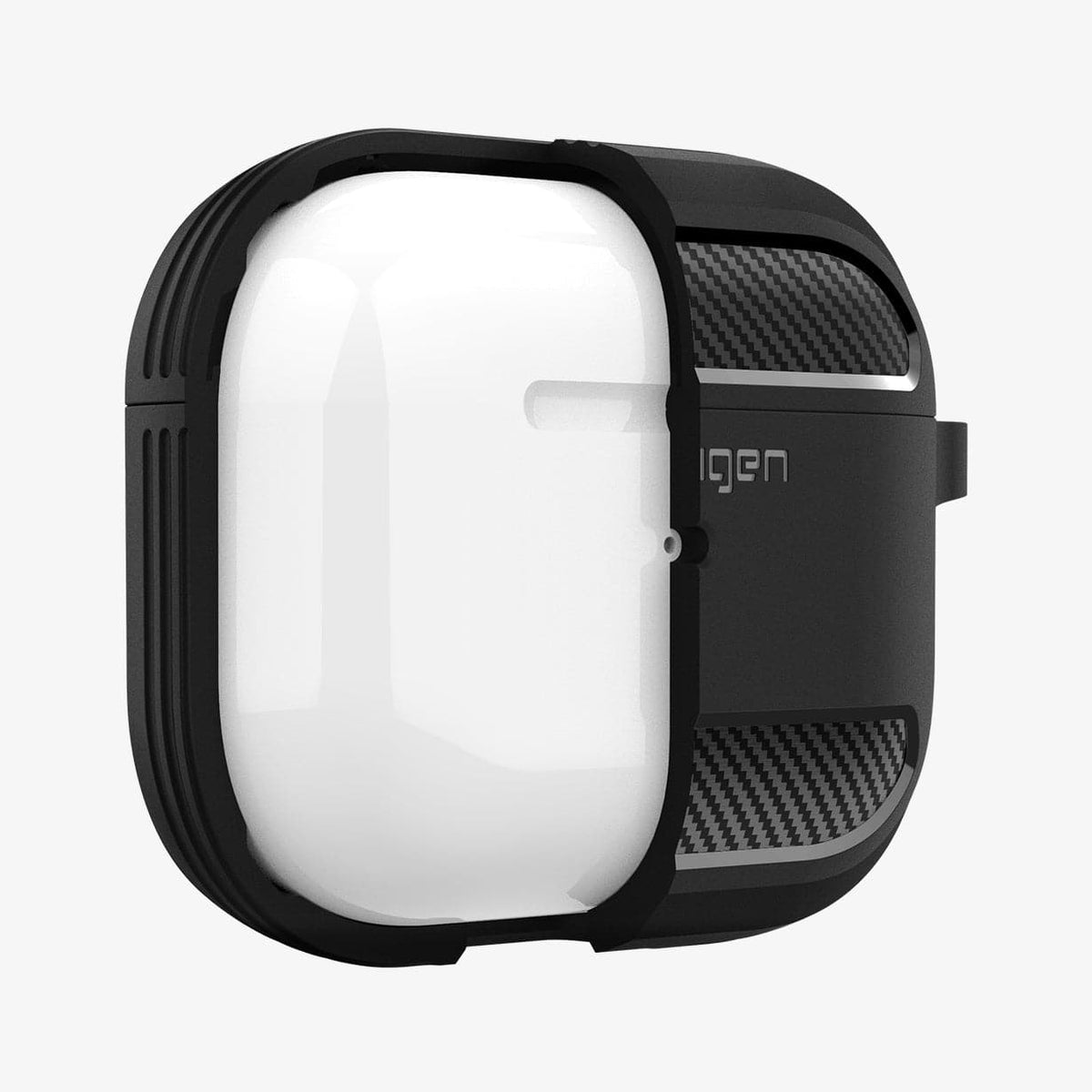 ASD01978 - Apple AirPods 3 Case Rugged Armor in black showing the front with case cut half open