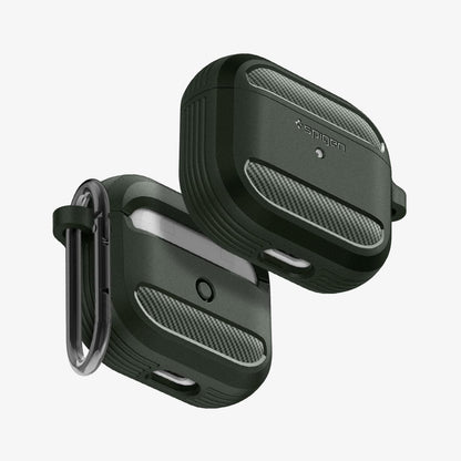 ASD01979 - Apple AirPods 3 Case Rugged Armor in military green showing the front, back, bottom and carabiner