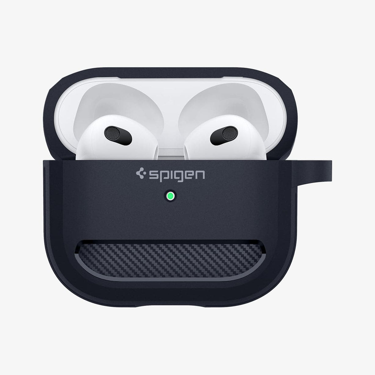 ASD01980 - Apple AirPods 3 Case Rugged Armor in charcoal gray showing the front with top open and AirPods inside