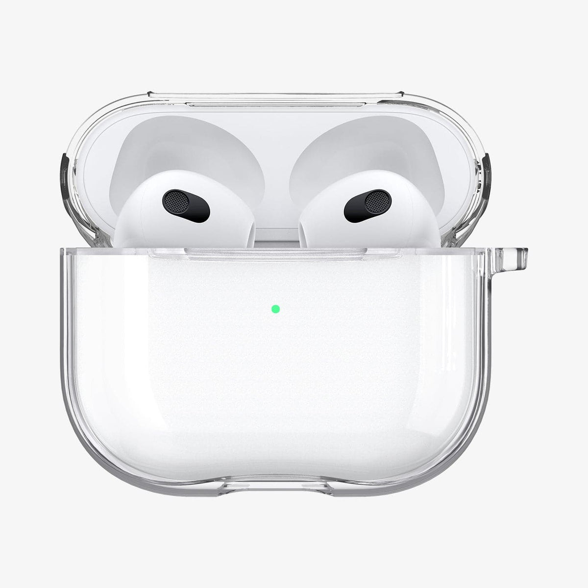 ASD01981 - Apple AirPods 3 Case Ultra Hybrid in crystal clear showing the front with top open and AirPods inside