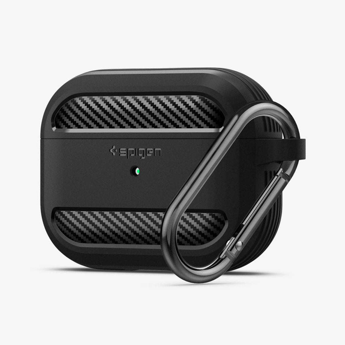 ASD00540 - Apple AirPods Pro Case Rugged Armor in matte black showing the front and carabiner