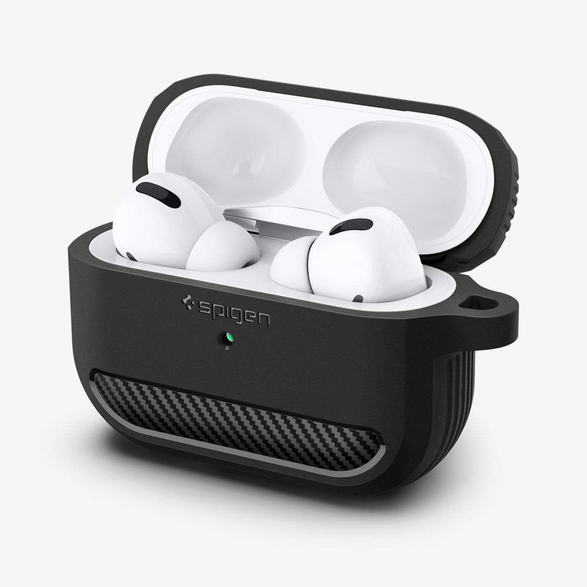 ASD00540 - Apple AirPods Pro Case Rugged Armor in matte black showing the front and side with top open and AirPods inside