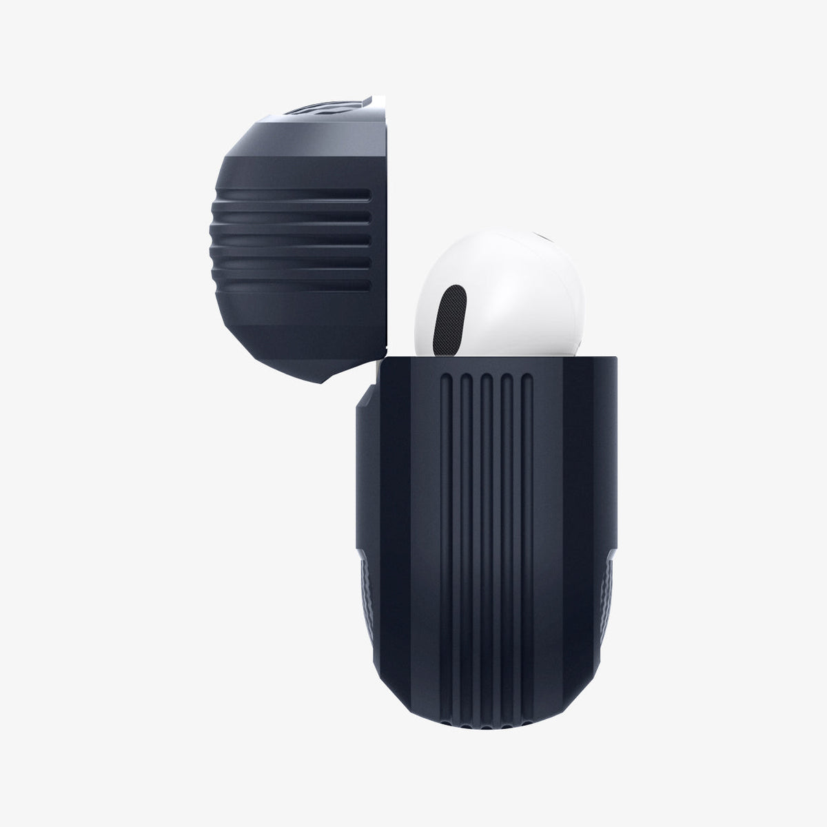 ASD01442 - AirPods Pro Rugged Armor in Charcoal Gray showing the side with top open and AirPods inside