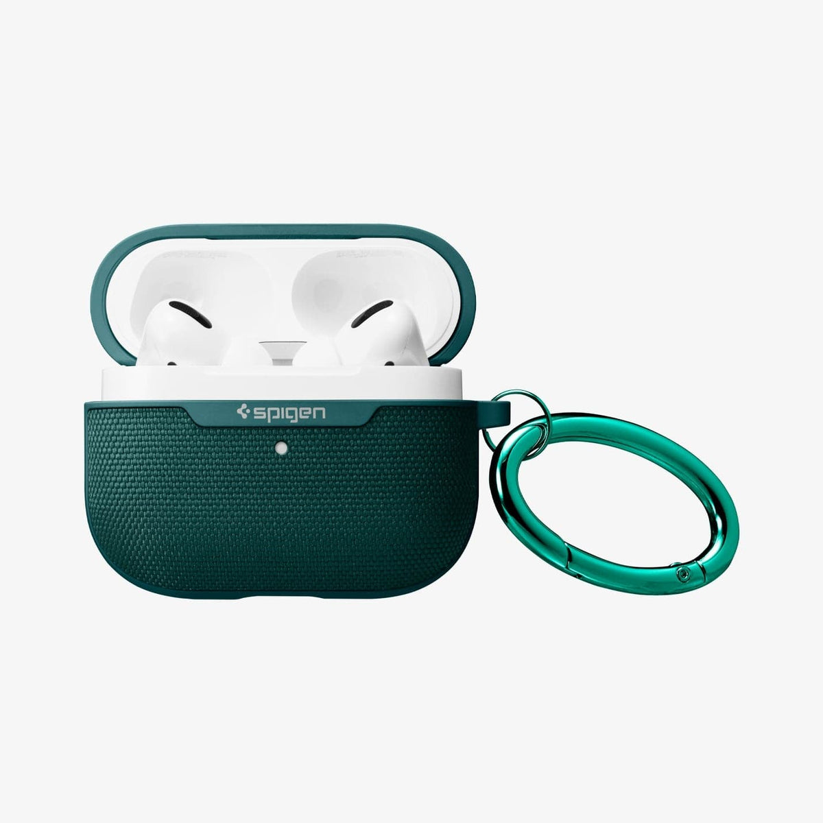 ASD00825 - Apple AirPods Pro Case Urban Fit in midnight green showing the front, carabiner and top open with AirPods inside