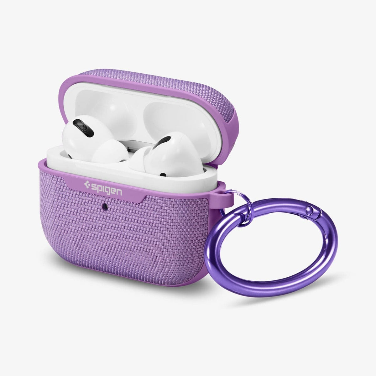 ASD00574 - Apple AirPods Pro Case Urban Fit in purple showing the front, side, carabiner and top open with AirPods inside