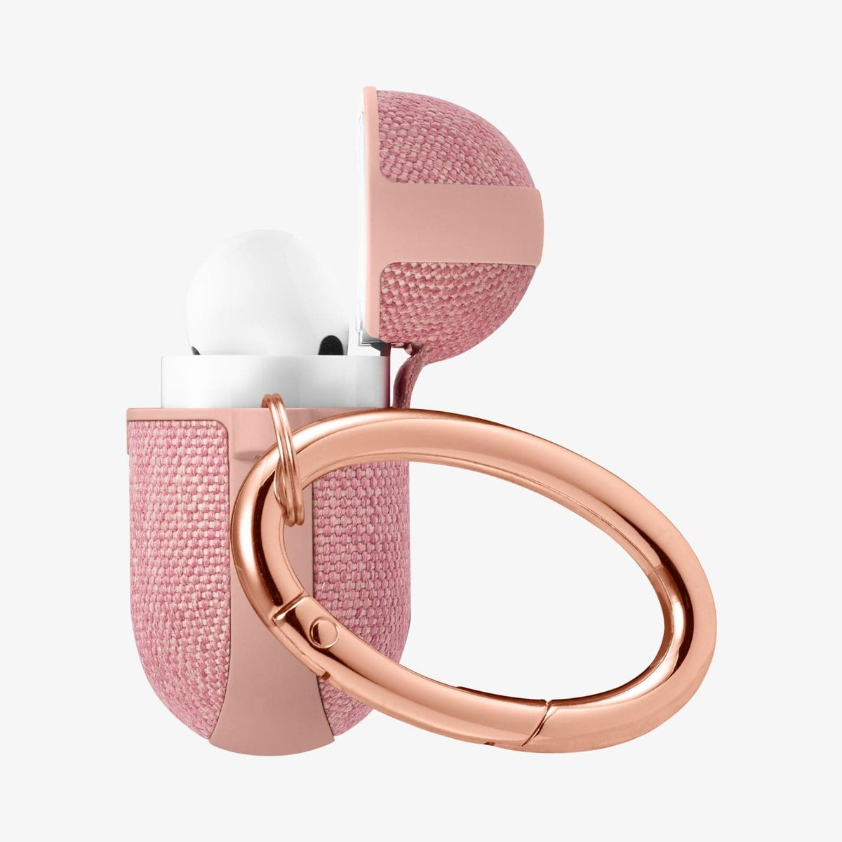 ASD00575 - Apple AirPods Pro Case Urban Fit in rose gold showing the side, carabiner and top open with AirPods inside