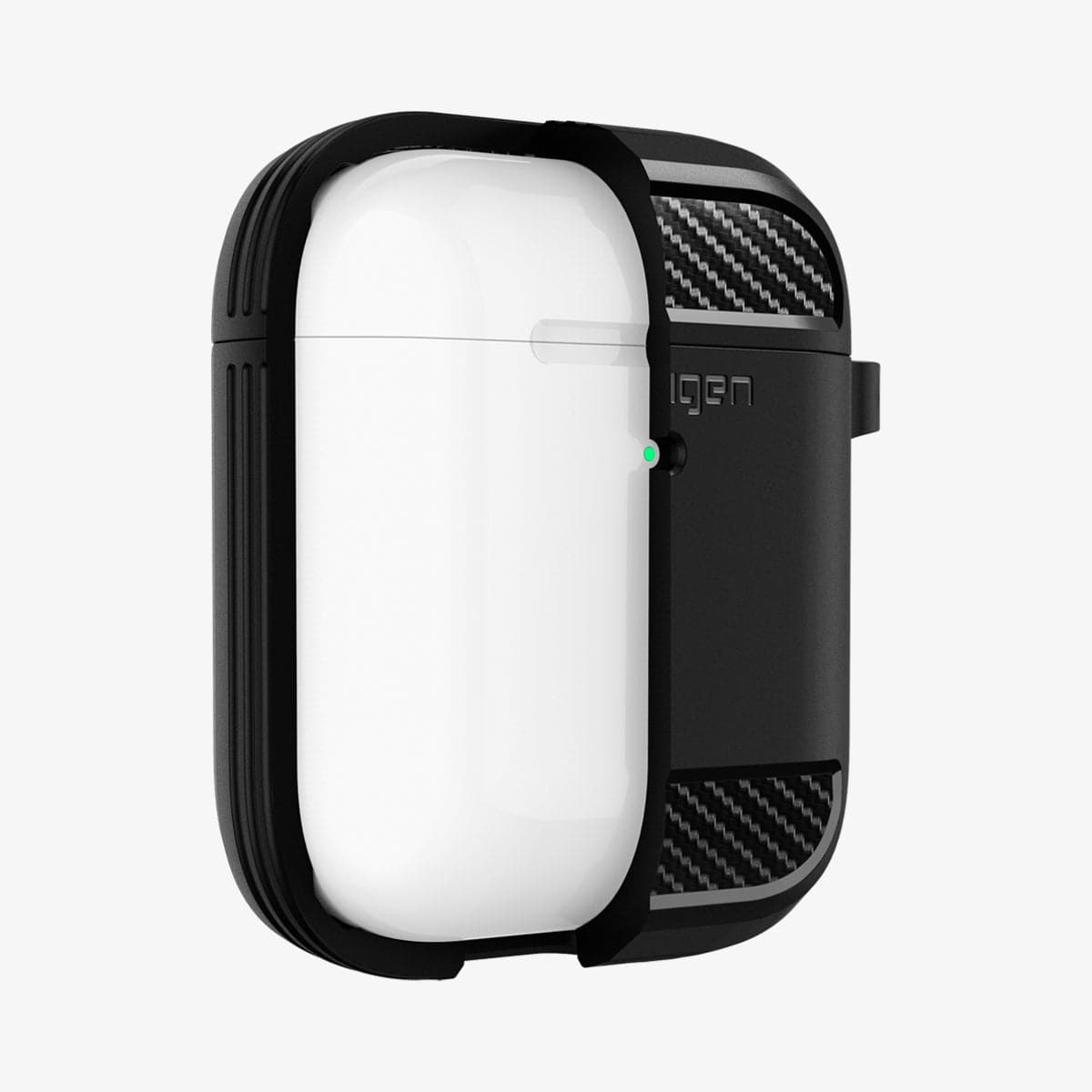ASD01117 - Apple AirPods 1 / 2 Case Rugged Armor in matte black showing the front with case cut half open