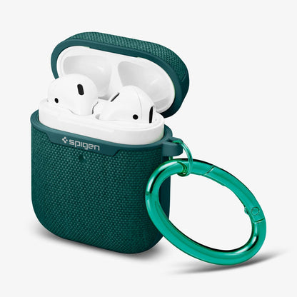 ASD00678 - Apple AirPods 1 / 2 Case Urban Fit in midnight green showing the front, side, carabiner and top open with AirPods inside